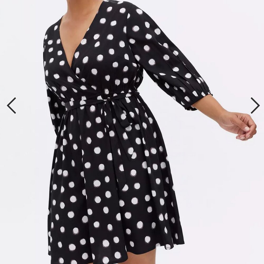 New Look Curve Tie-Waist Faux Wrap Dress 3/4 Sleeve Polka Dot
